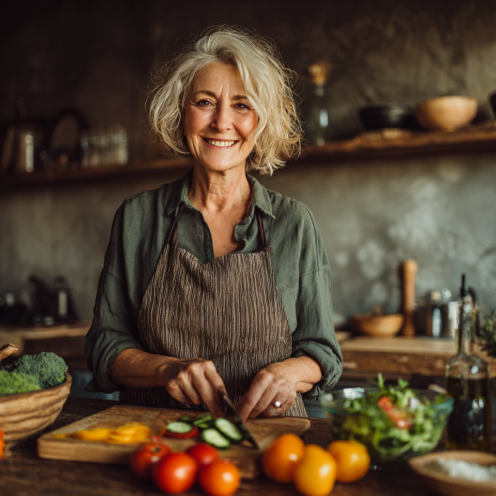 Femeie în vârstă de 55 de ani zâmbind în timp ce pregătește o salată colorată în bucătăria sa modernă, arătând vitalitate și sănătate