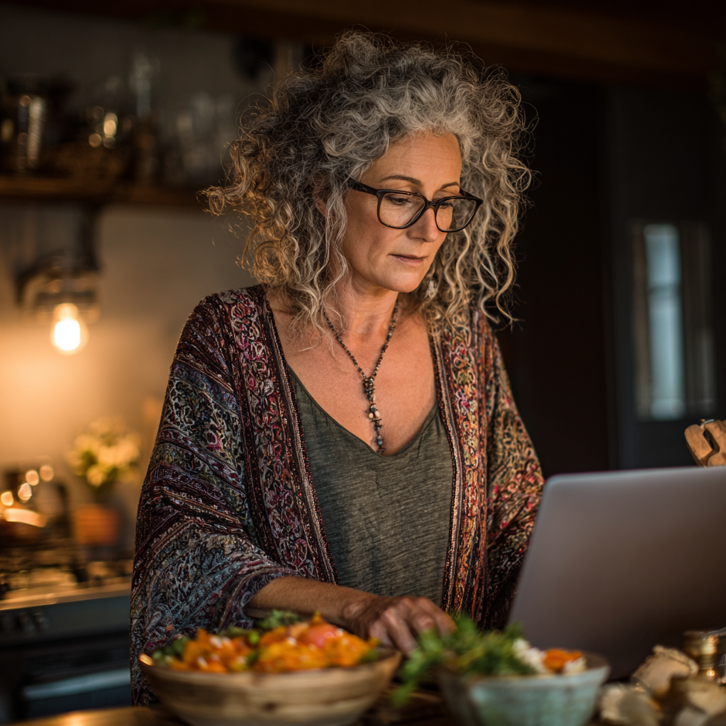 Femeie în vârstă de 56 de ani urmărind cu atenție programul de nutriție pe laptop-ul său, în timp ce își pregătește o masă sănătoasă în bucătărie, demonstrând dedicarea pentru un stil de viață mai sănătos