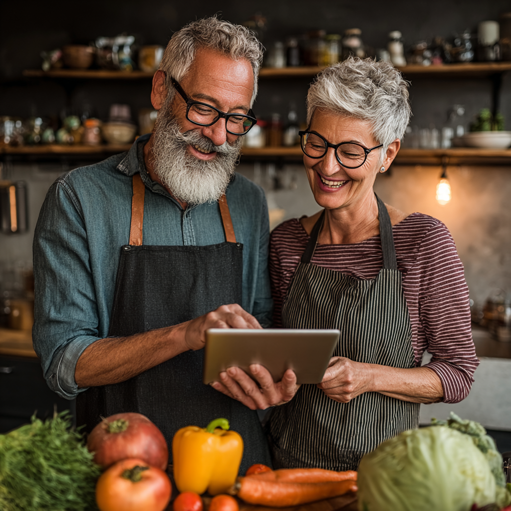 Cuplu în vârstă de aproximativ 58 de ani studiind împreună un plan alimentar pe tabletă, amândoi zâmbind și arătând entuziasm pentru noua lor rutină sănătoasă